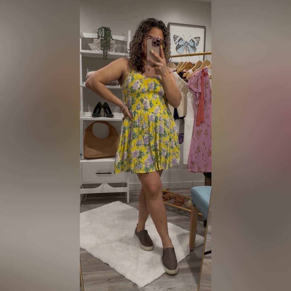 Aerie Yellow Floral Smocked Mini Dress Cottagecore Garden Party Size Small